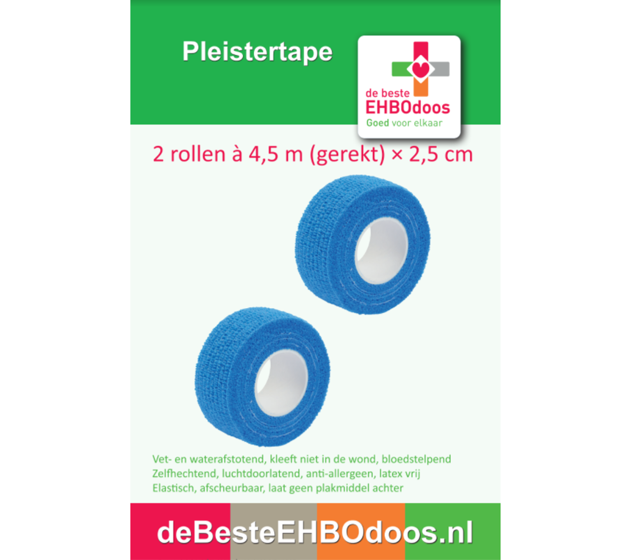 Pleistertape blauw 4,5m x 2,5cm, 2 rollen